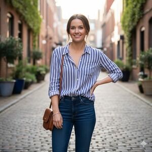 Rails Josephine Stripe Button Down Shirt Blue White Cotton Blend Size Small